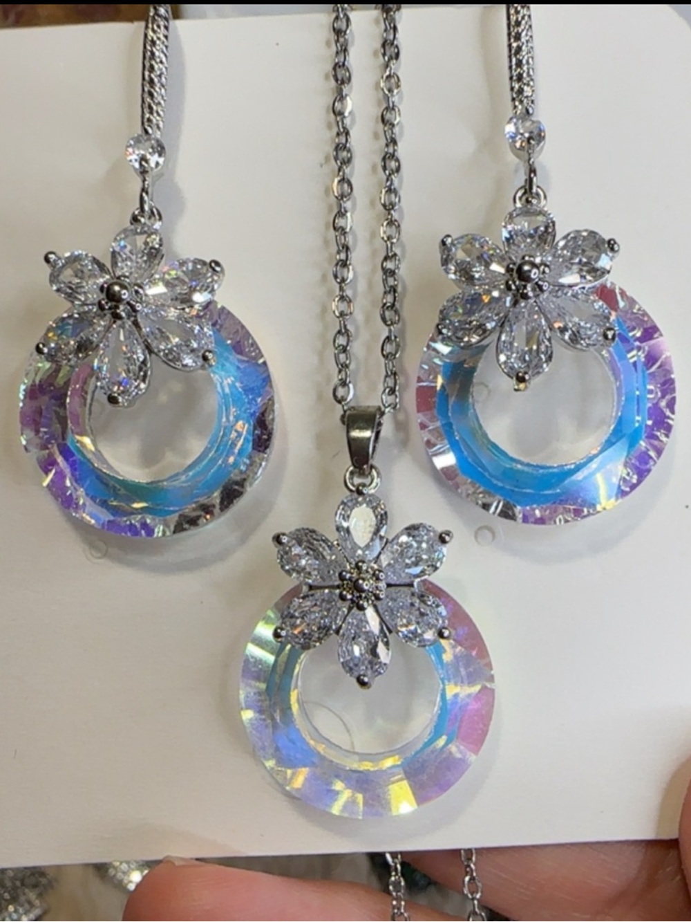 CZ Flower Iridescent Hoop Necklace and Earring Set